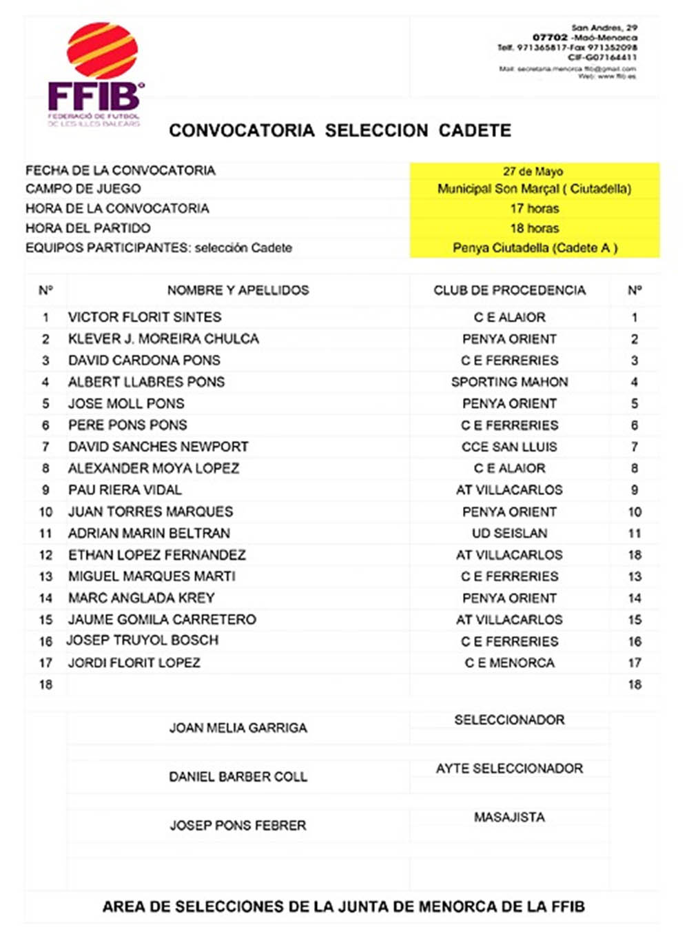 CONVOCATORIA SELECCIÓ CADET 170528