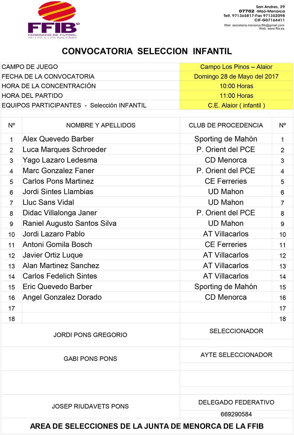 CONVOCATORIA SELECCIÓ INFANTIL 170528