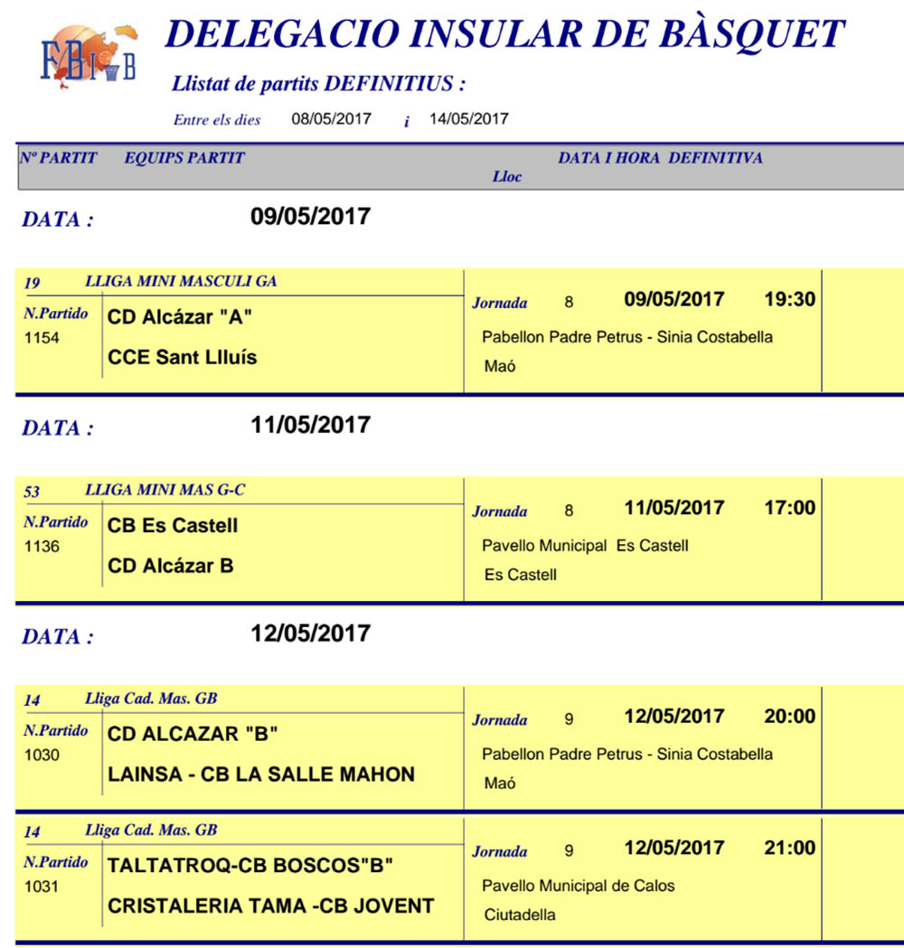 Horaris Basquet de Menorca