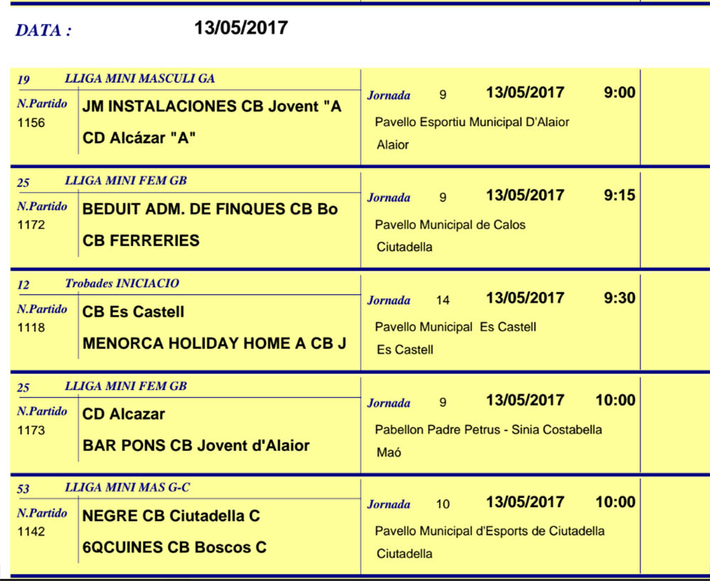 Horaris Basquet de Menorca