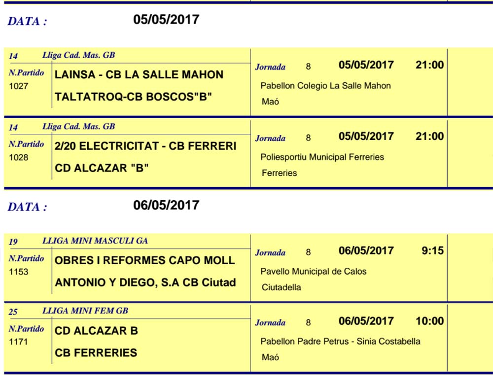 Horaris Basquet de Menorca