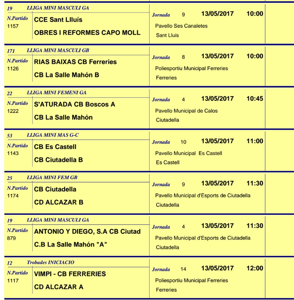 Horaris Basquet de Menorca