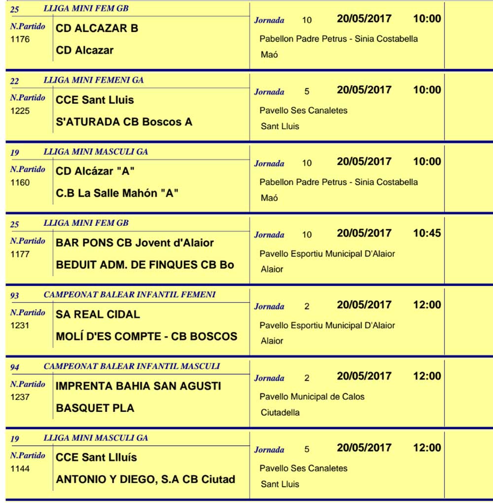 Horaris Basquet de Menorca