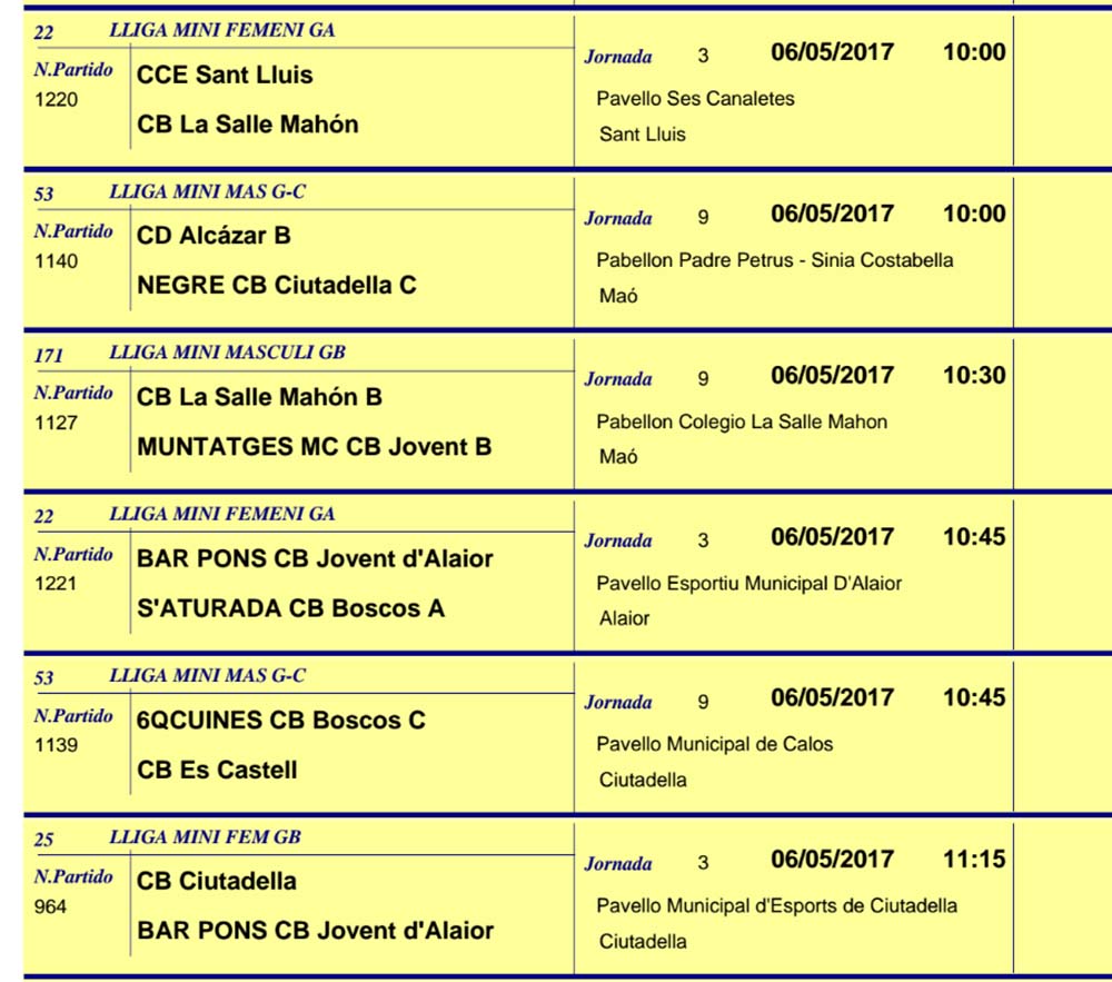 Horaris Basquet de Menorca