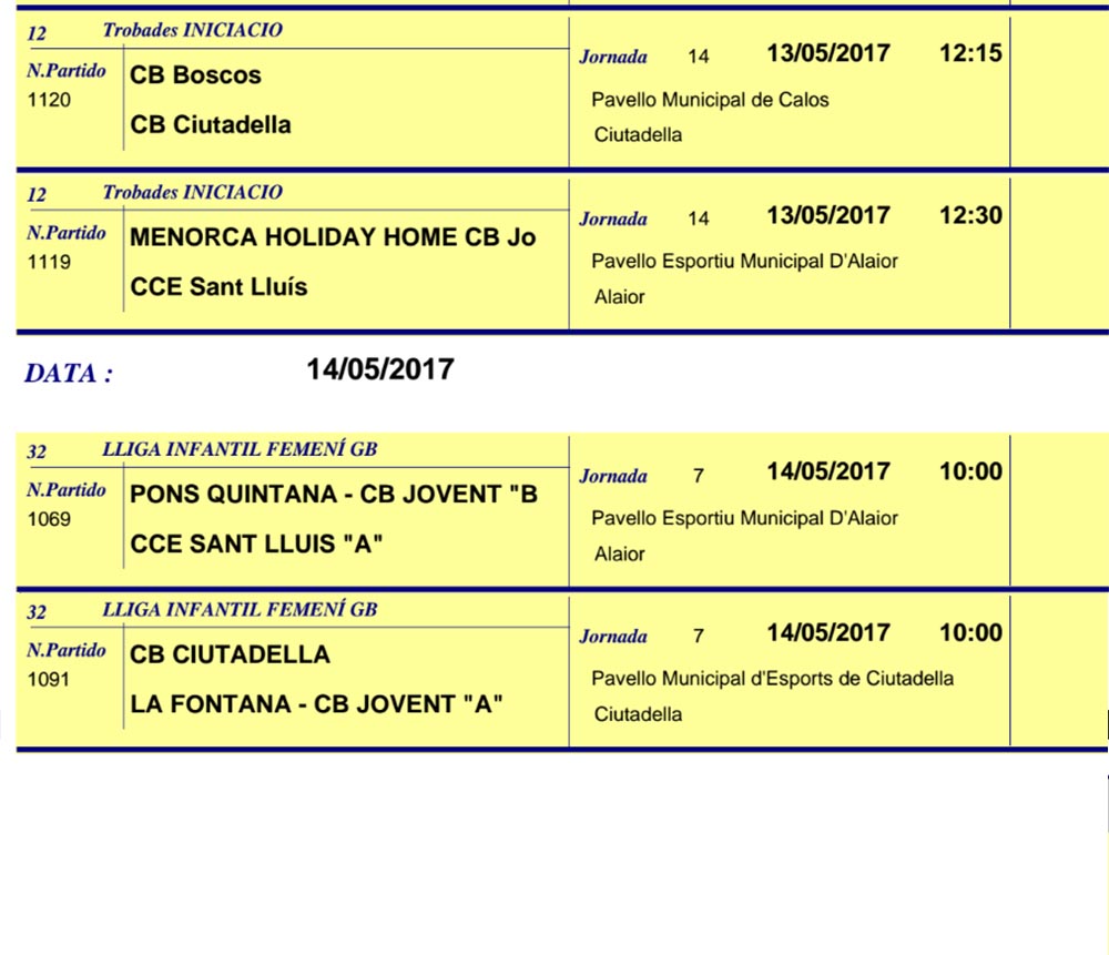 Horaris Basquet de Menorca