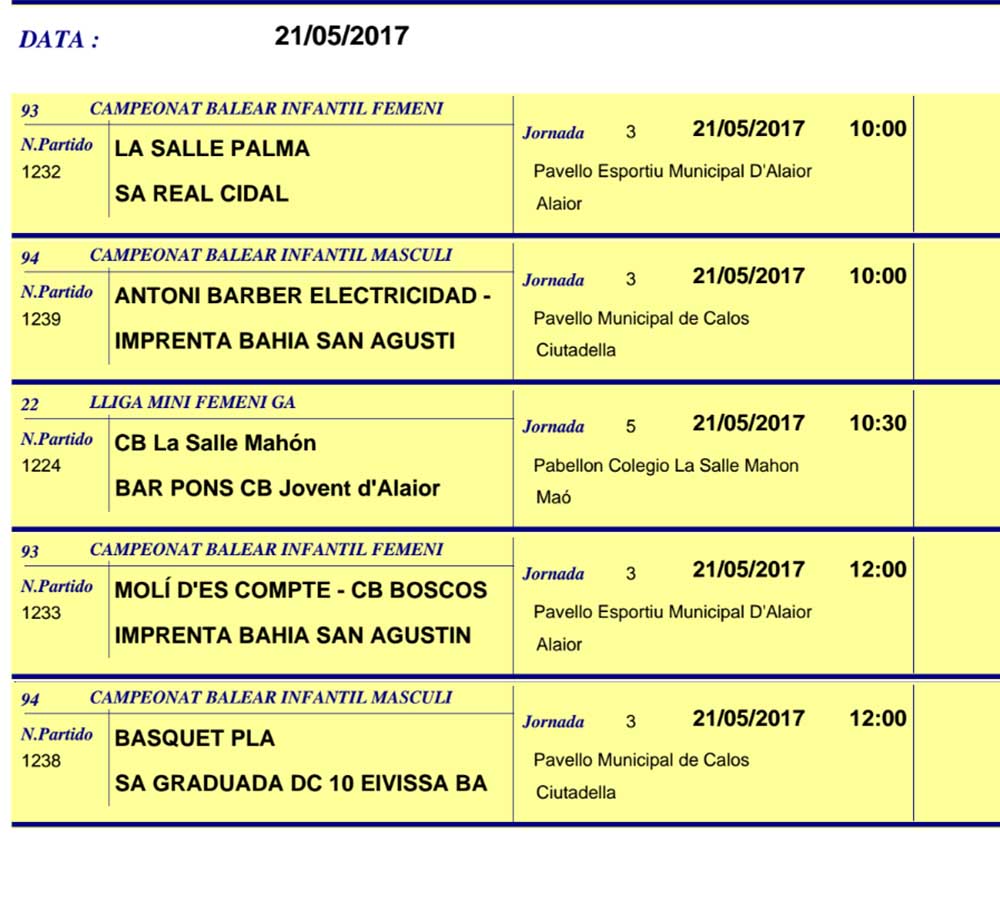 Horaris Basquet de Menorca