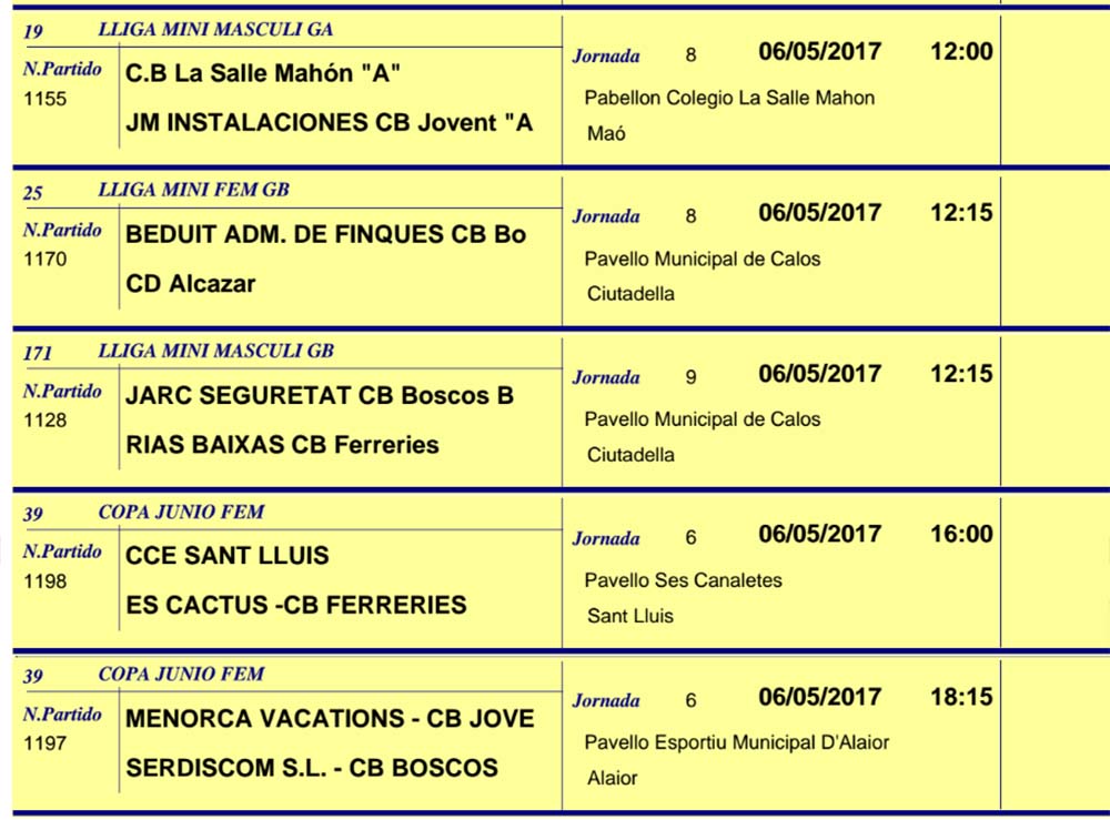 Horaris Basquet de Menorca