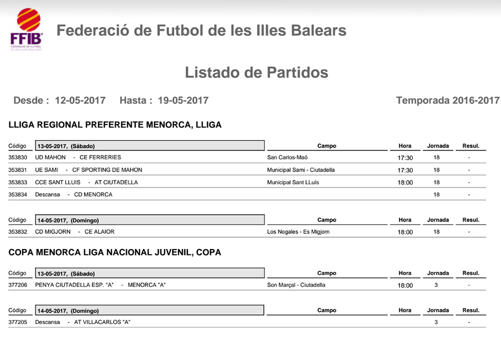 Horaris futbol de Menorca