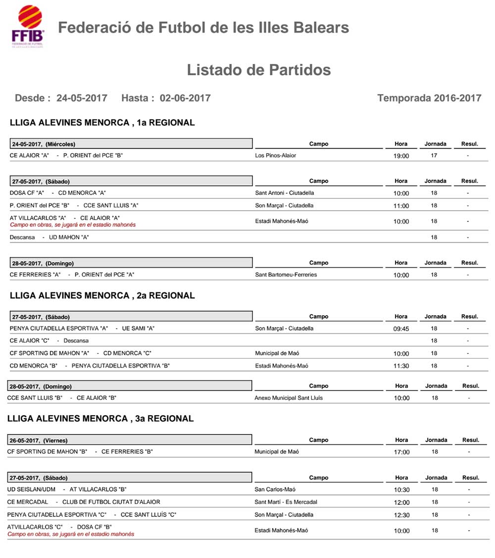 Horaris futbol de Menorca