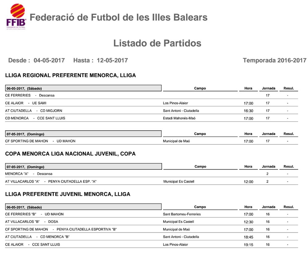 Horaris futbol de Menorca