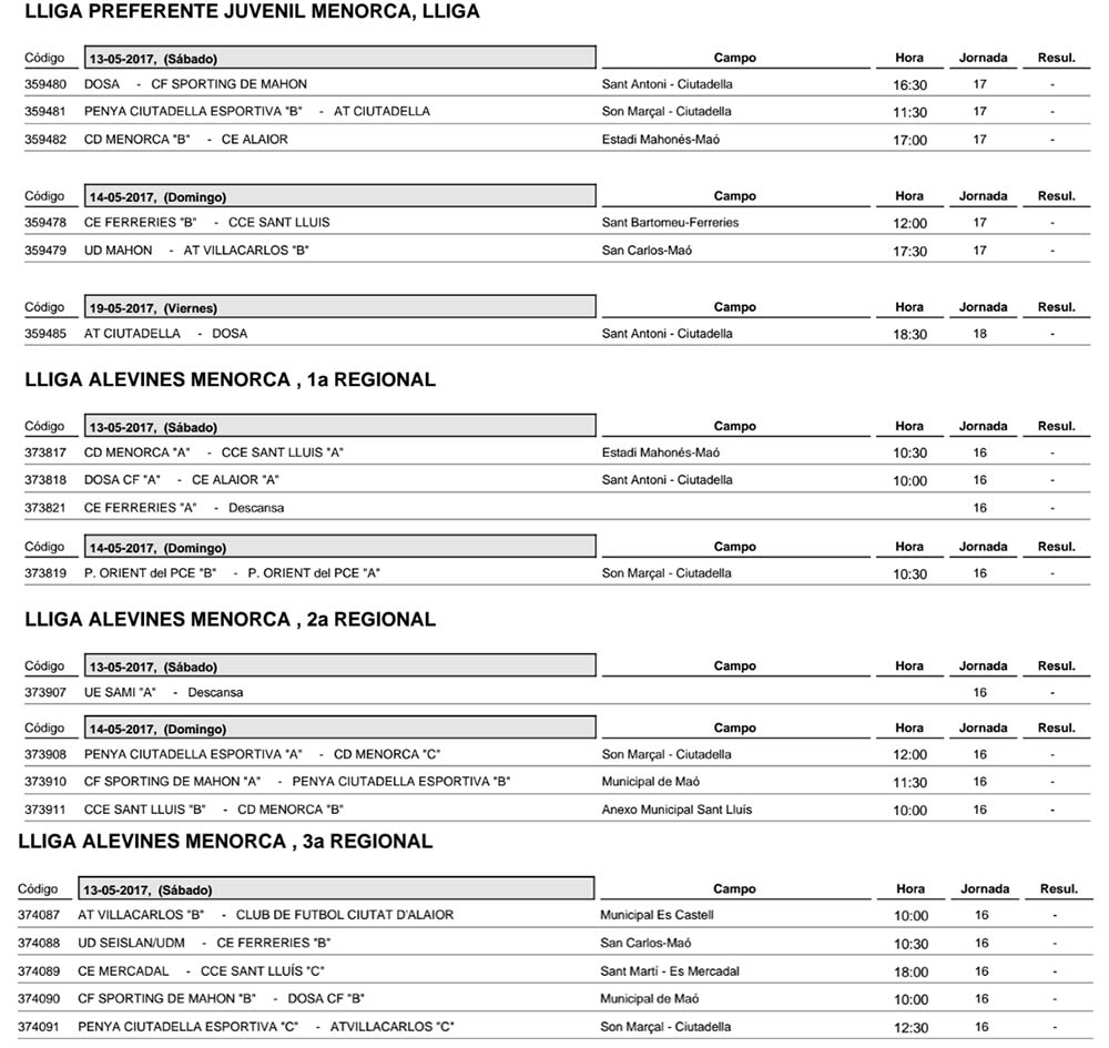 Horaris futbol de Menorca