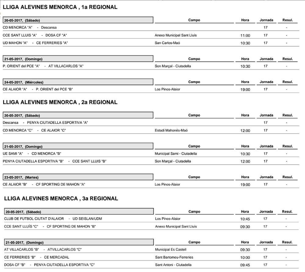 Horaris futbol de Menorca