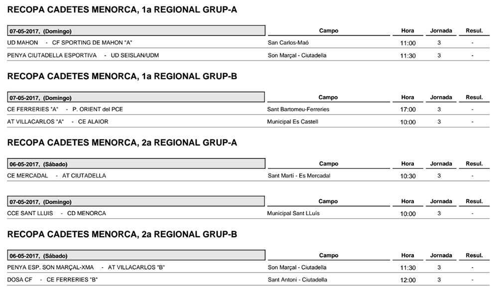 Horaris futbol de Menorca
