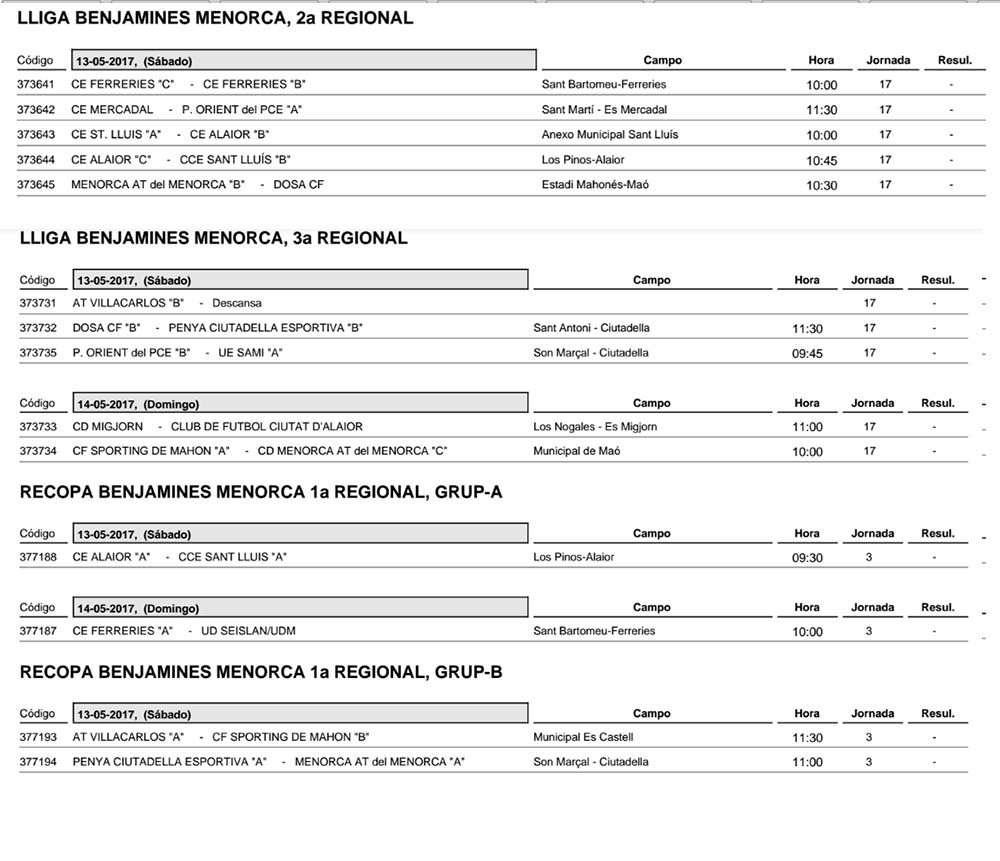 Horaris futbol de Menorca
