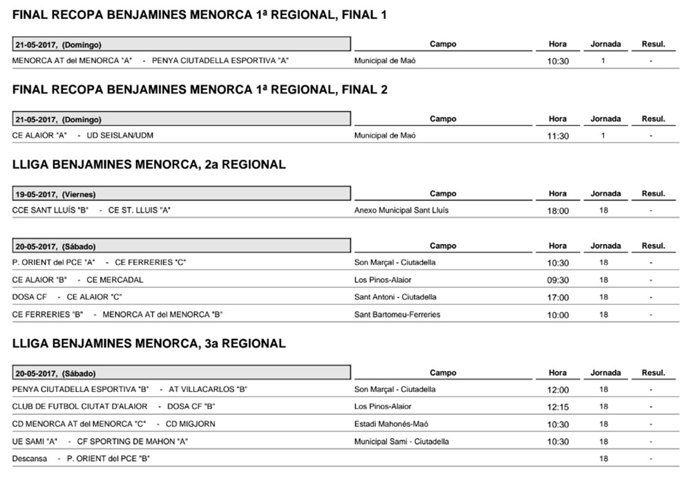 Horaris futbol de Menorca