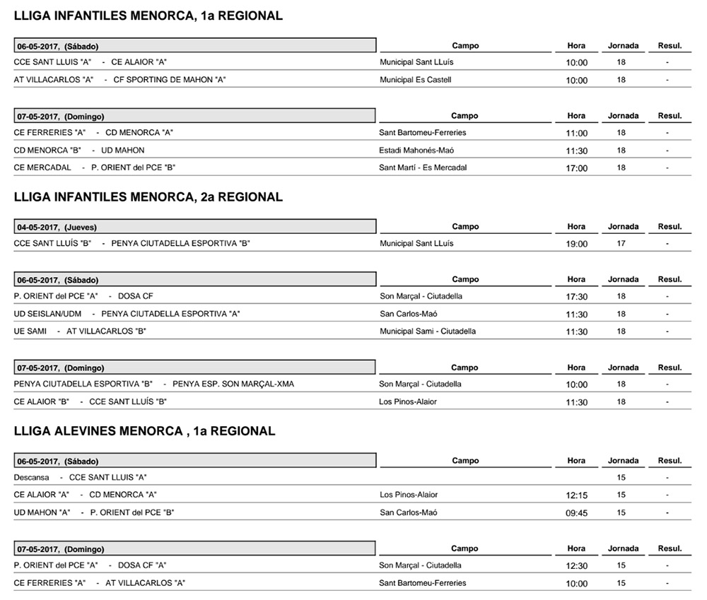 Horaris futbol de Menorca