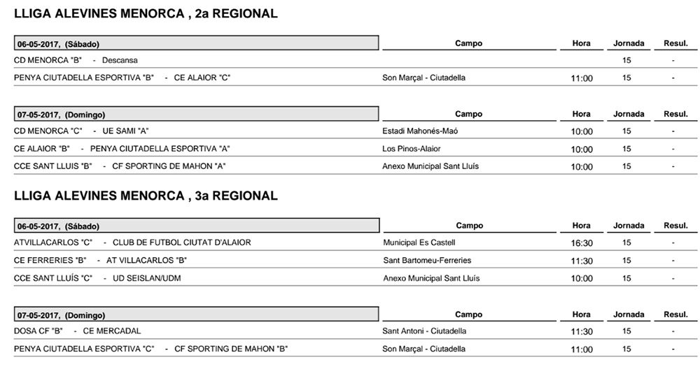 Horaris futbol de Menorca
