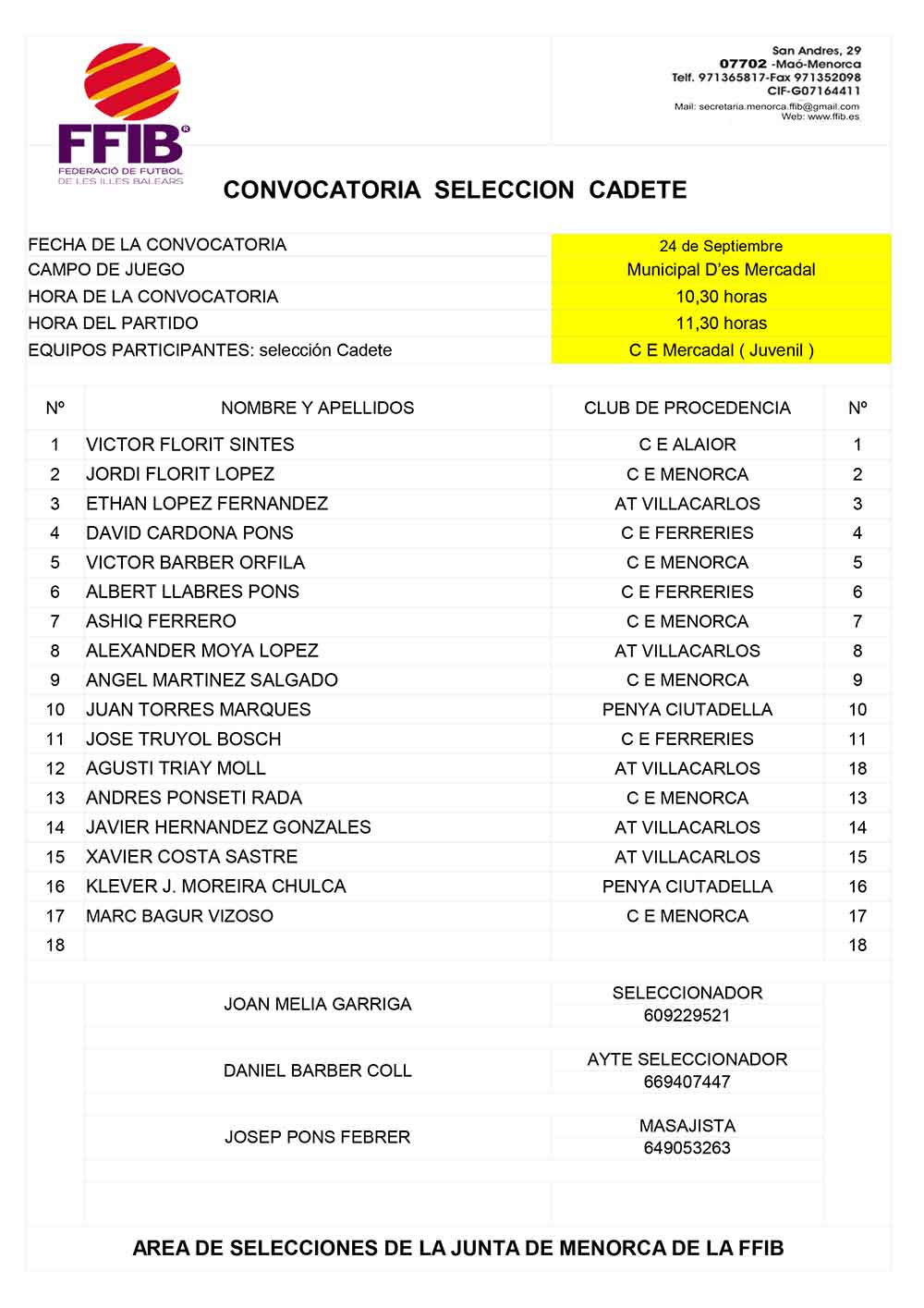 CONVOCATORIA SELECCIÓ CADET 1718-170924