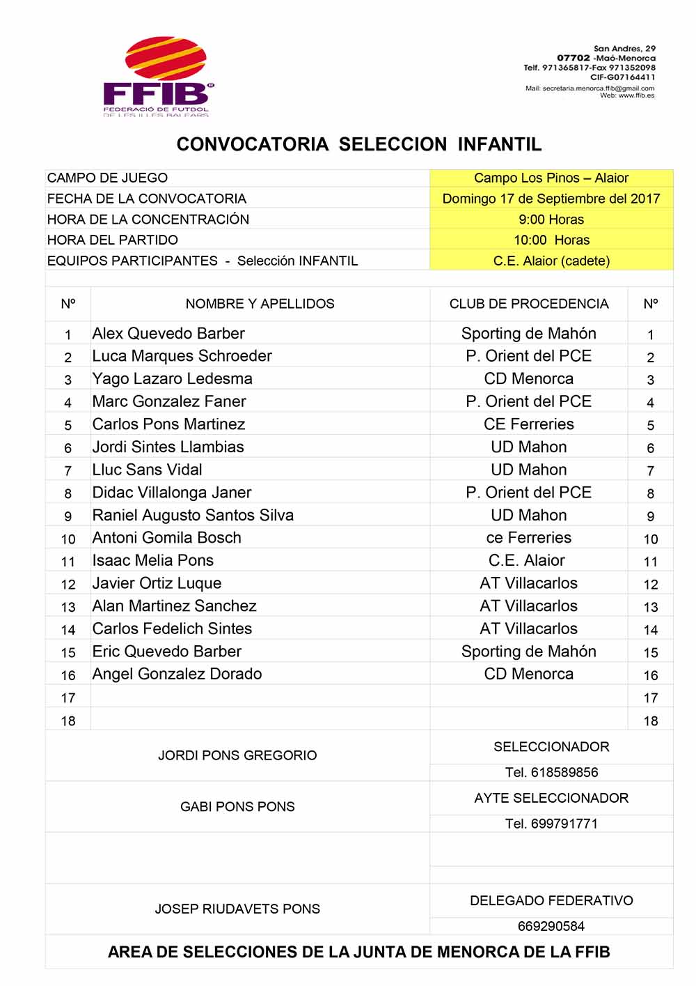 CONVOCATORIA SELECCIÓ INFANTIL 1718-170917