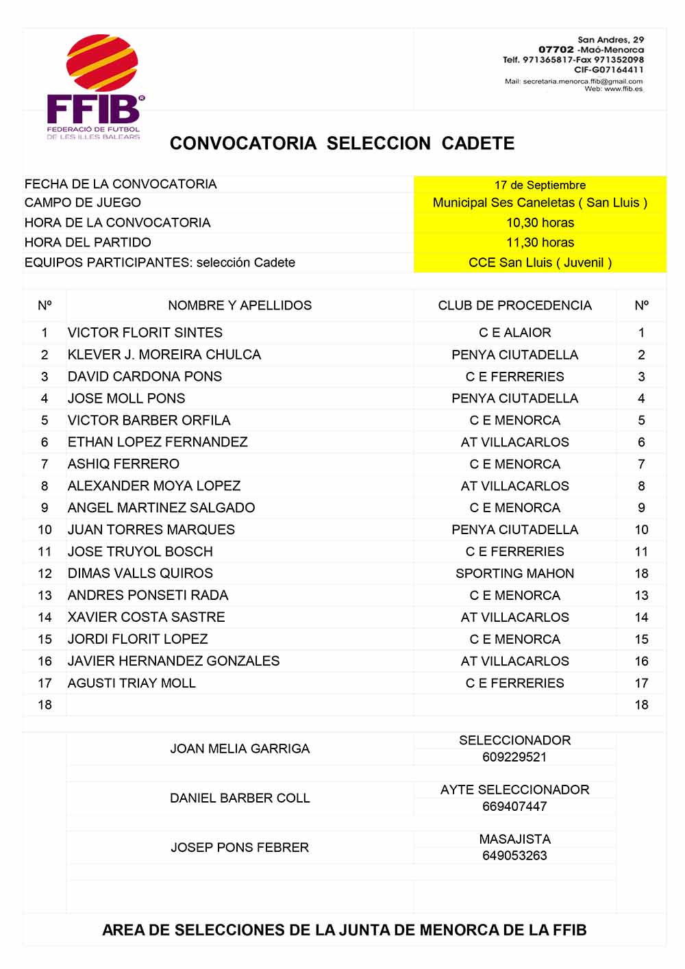 CONVOCATÒRIA SELECCIÓ CADET 1718-170917