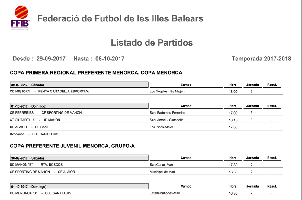 Horaris futbol de Menorca