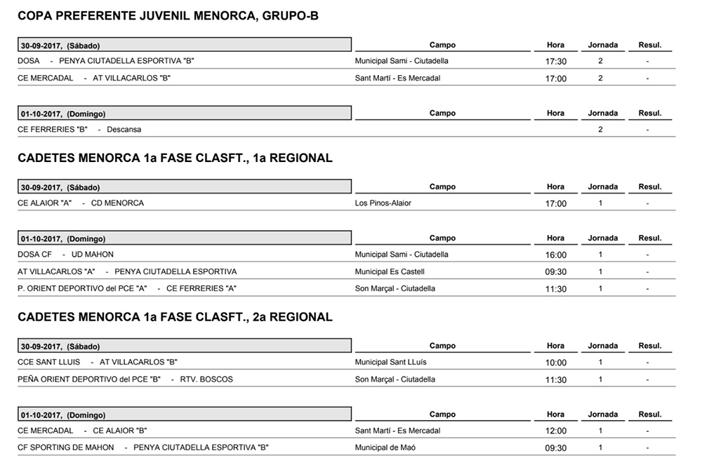 Horaris futbol de Menorca