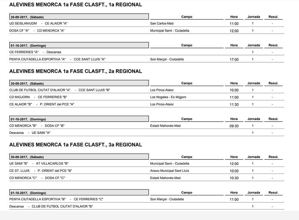 Horaris futbol de Menorca