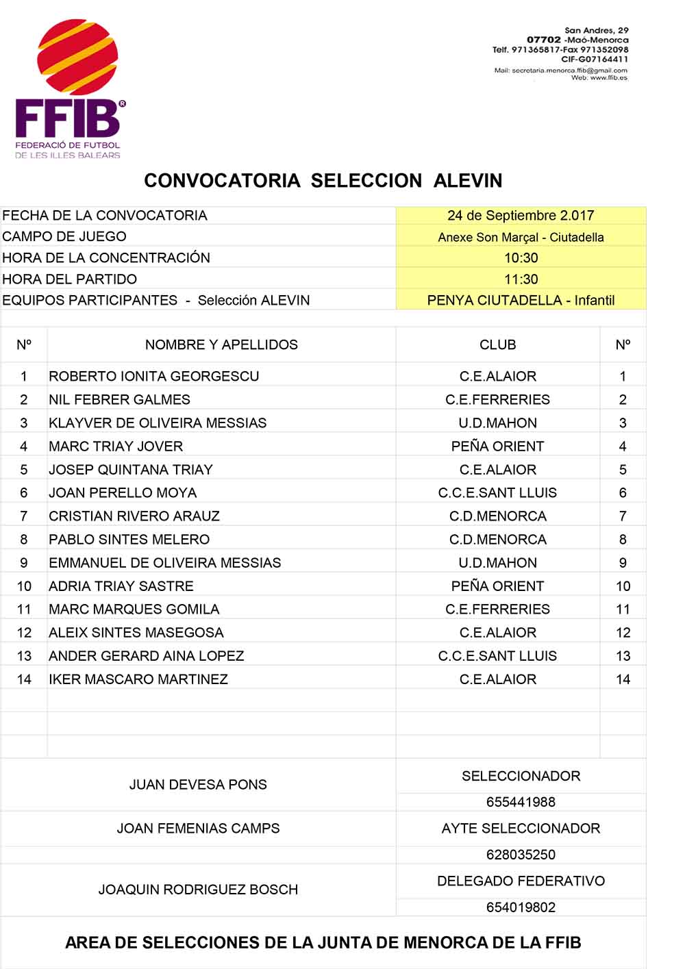 CONVOCATORIA SELECCIÓ ALEVI 1718-170924