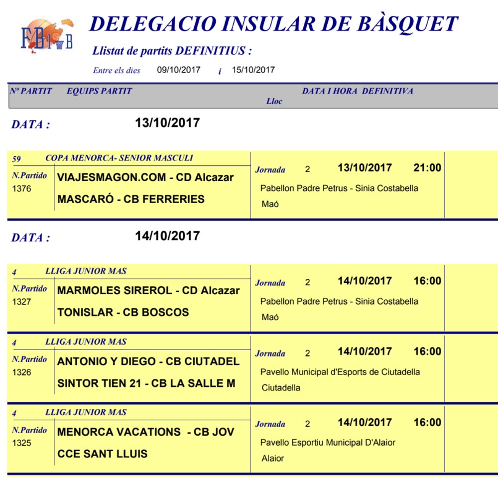 Horaris Basquet de Menorca