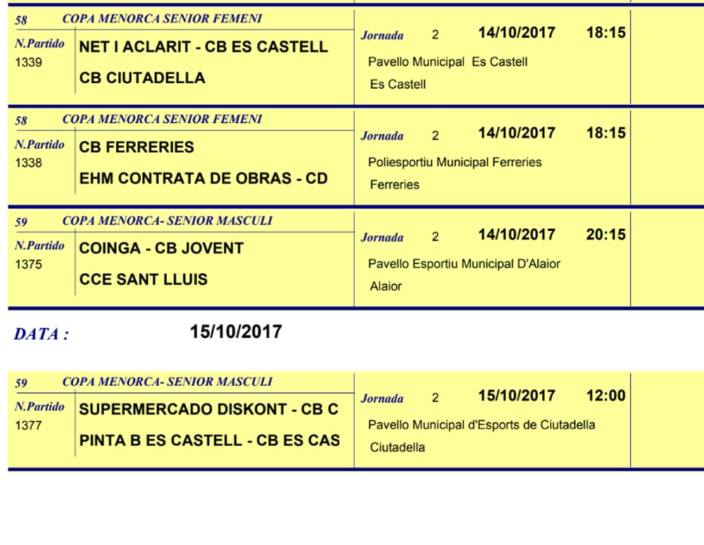 Horaris Basquet de Menorca