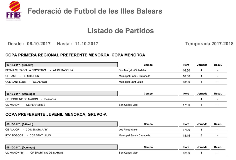 Horaris futbol de Menorca