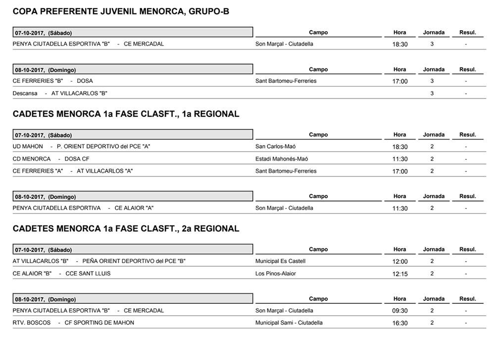 Horaris futbol de Menorca