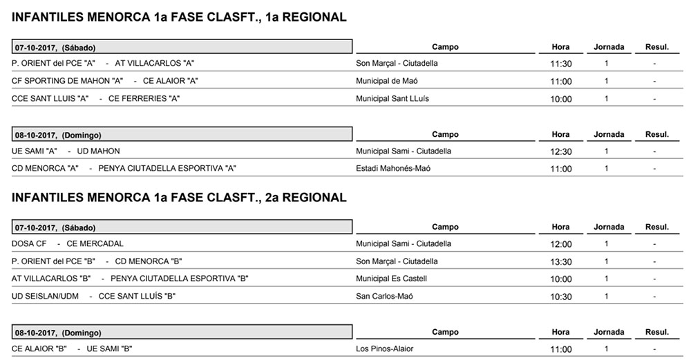 Horaris futbol de Menorca