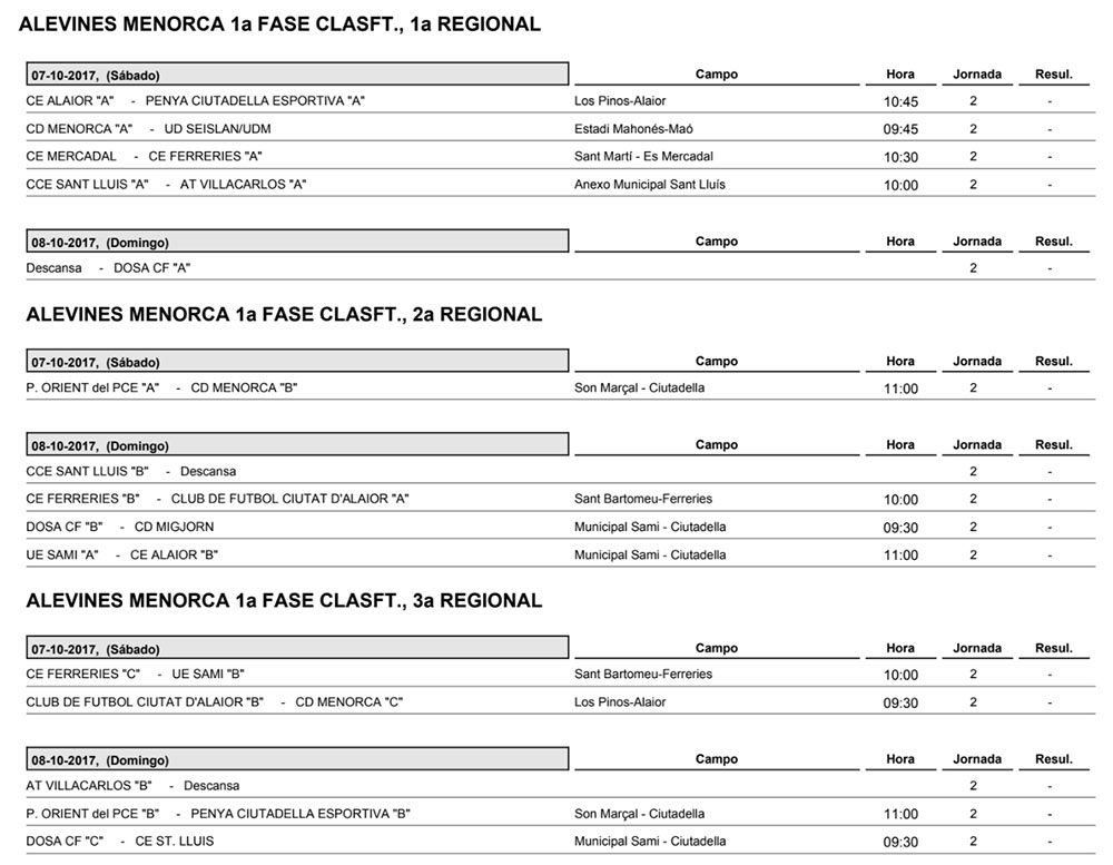 Horaris futbol de Menorca