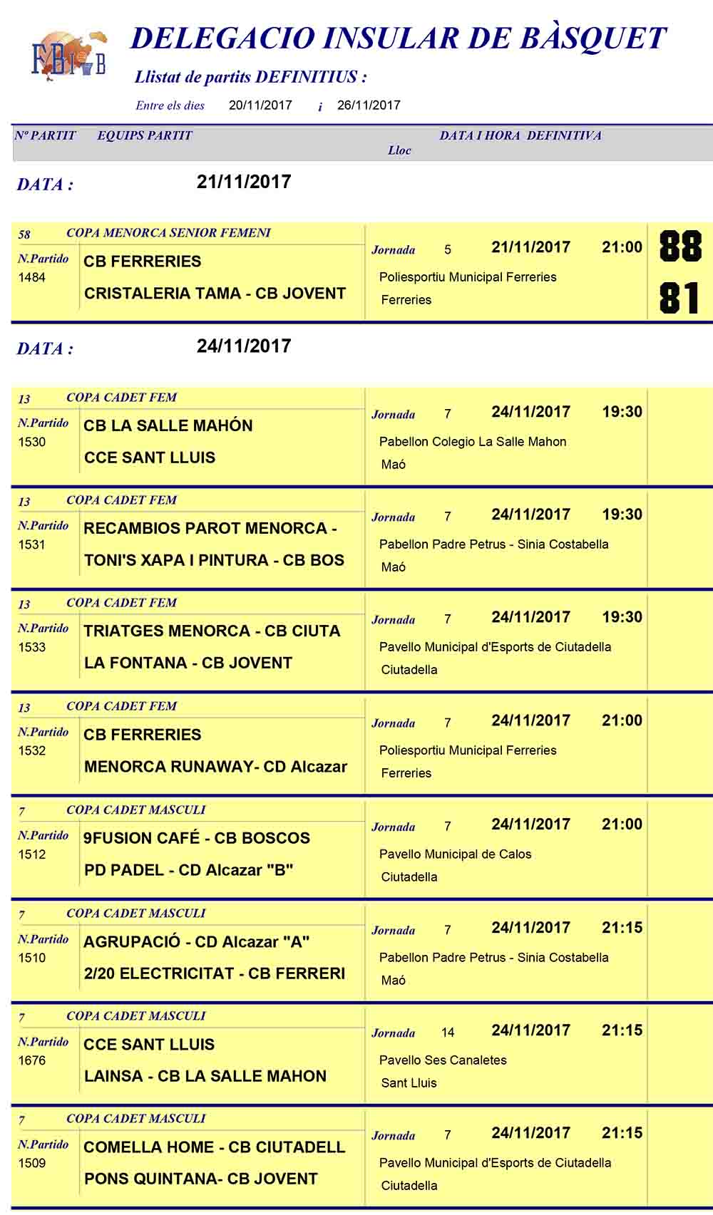 Horaris Basquet de Menorca