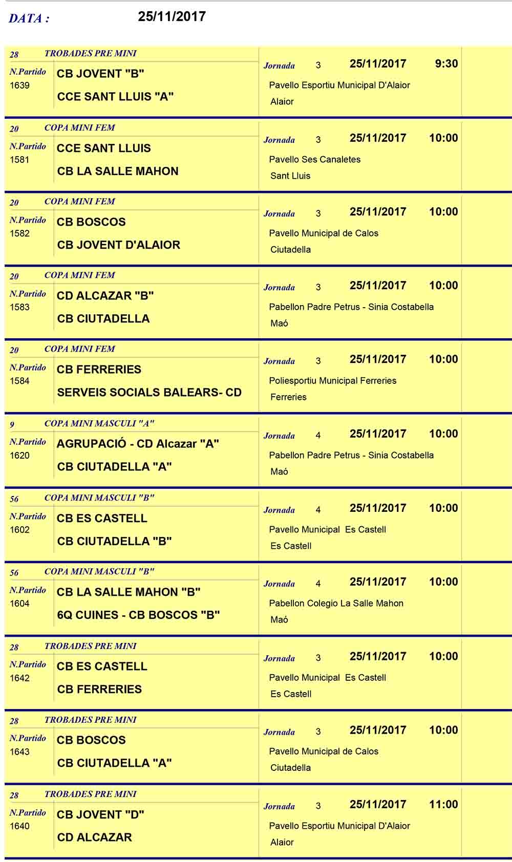 Horaris Basquet de Menorca