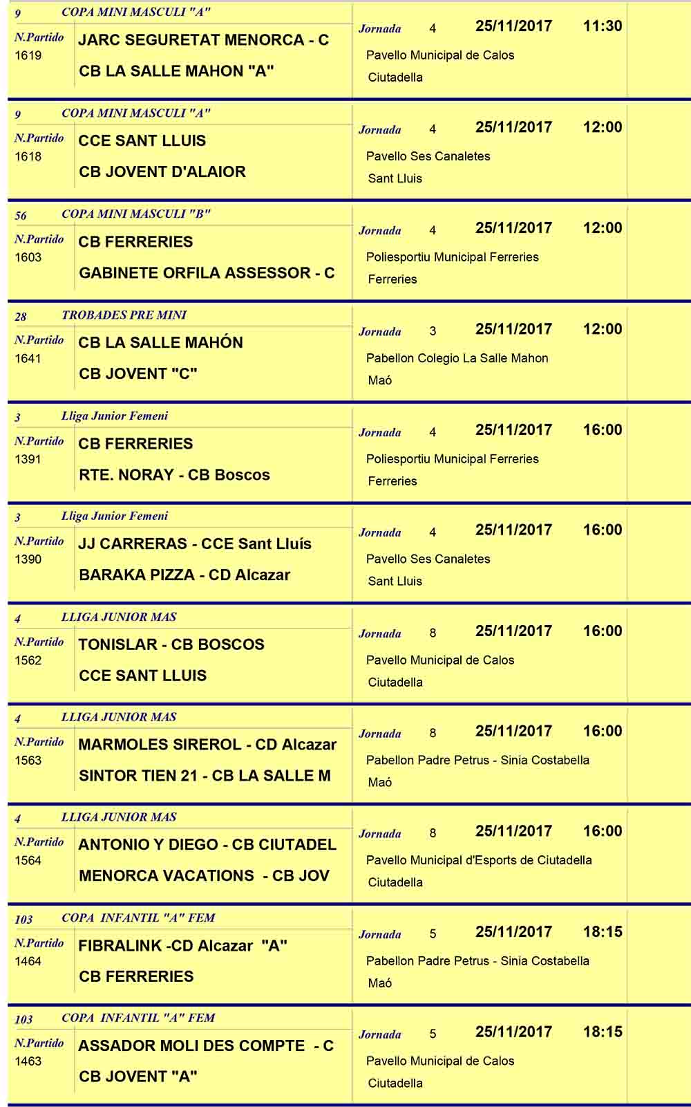 Horaris Basquet de Menorca