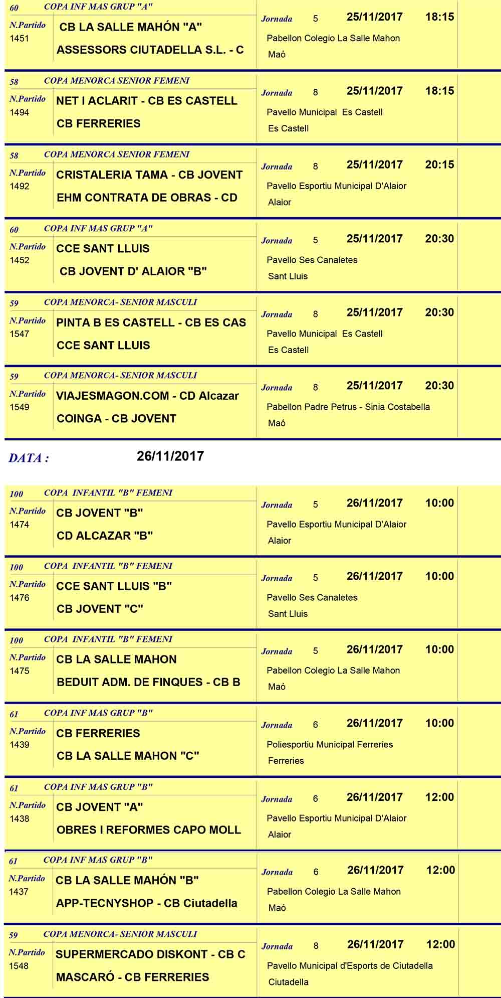 Horaris Basquet de Menorca