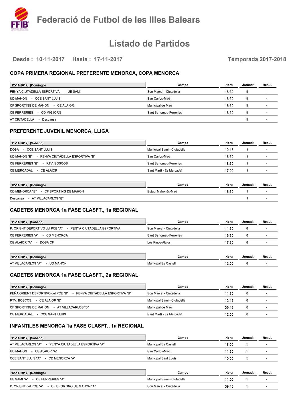 Horaris futbol de Menorca