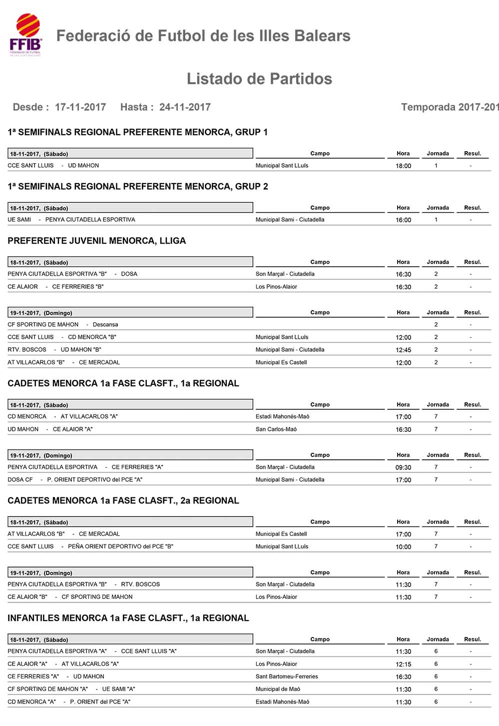Horaris Futbol de Menorca