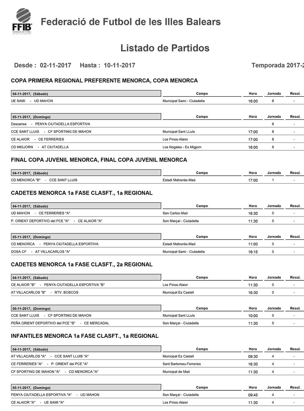 Horaris futbol de Menorca