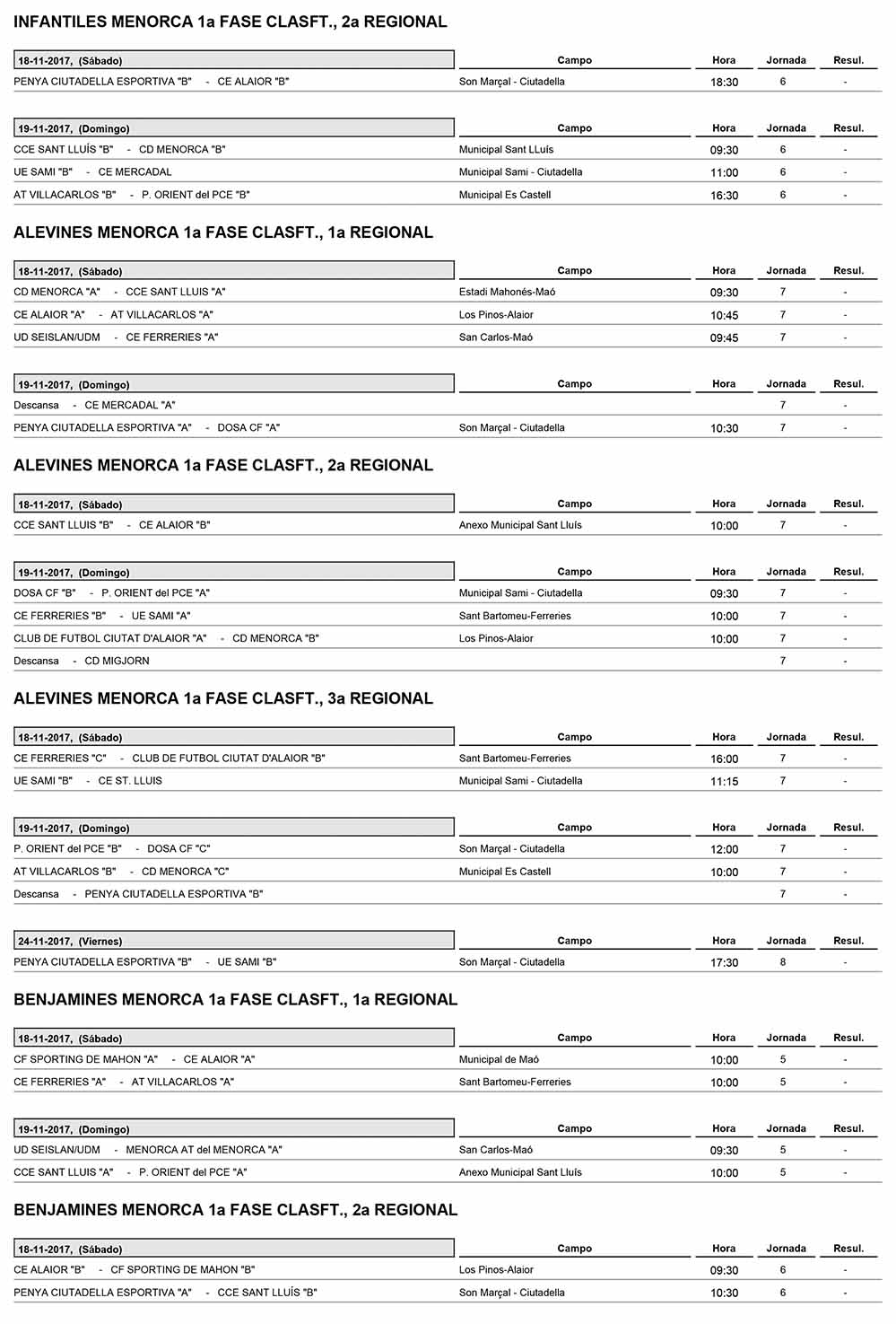 Horaris Futbol de Menorca