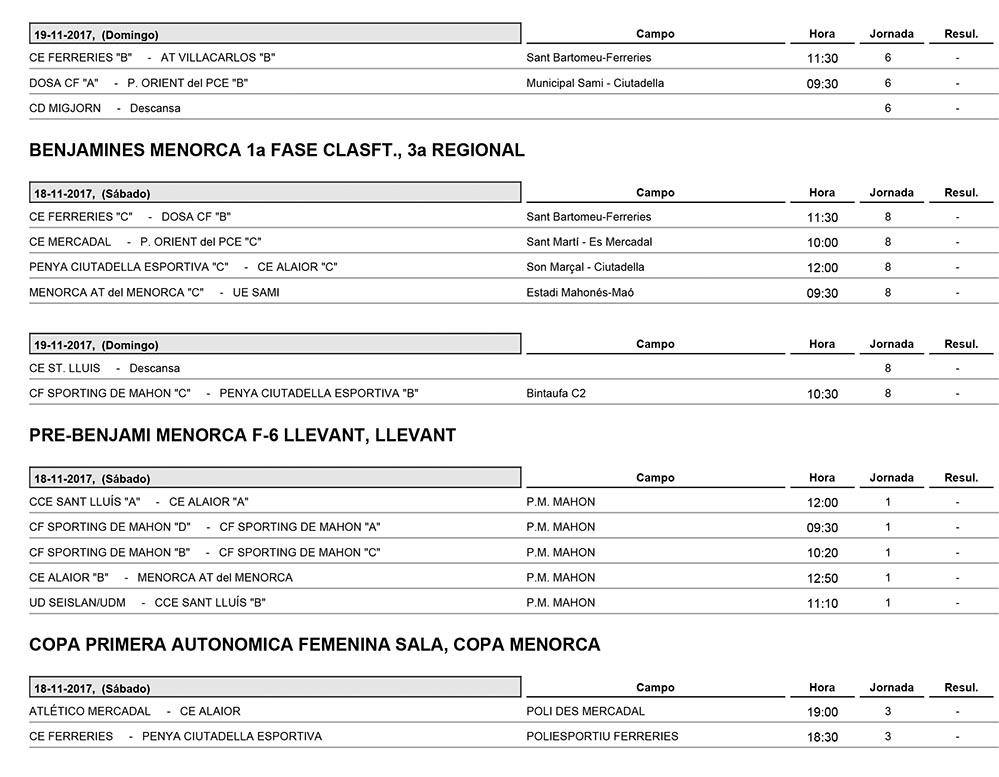 Horaris Futbol de Menorca