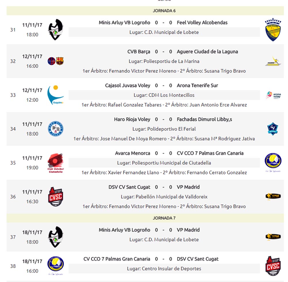 Horaris volei Sin cabecera