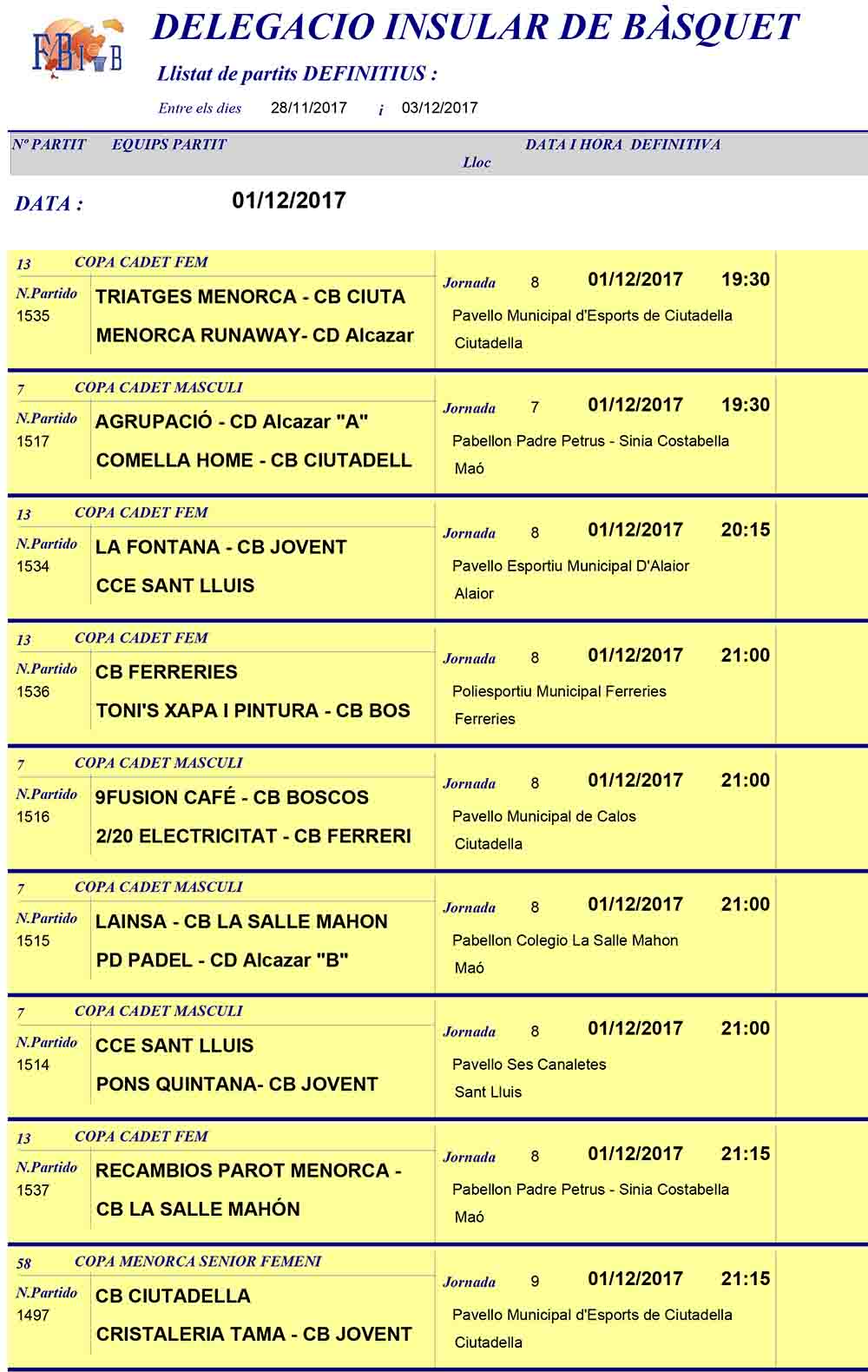 Horaris Basquet de Menorca