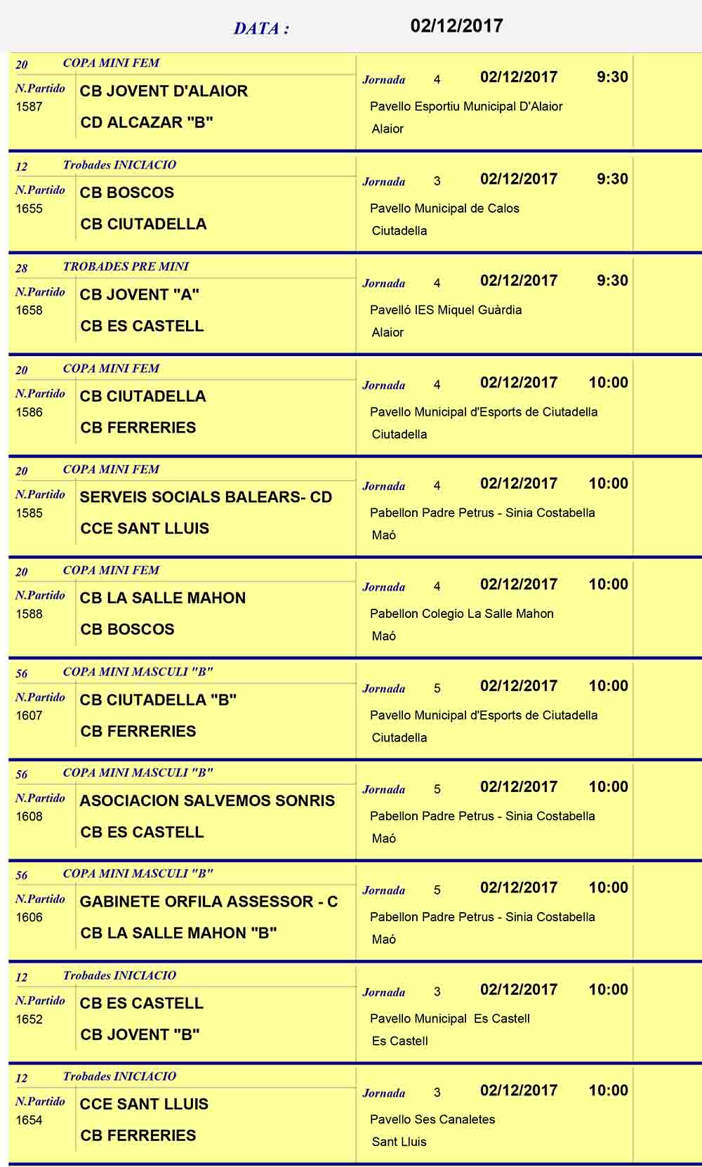 Horaris Basquet de Menorca