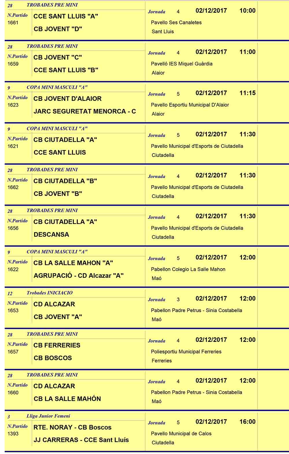 Horaris Basquet de Menorca
