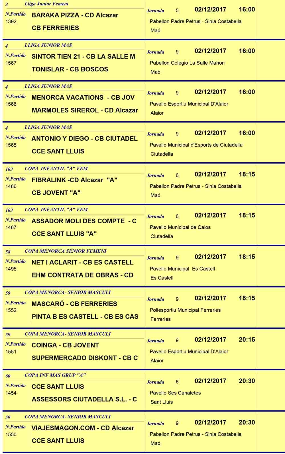 Horaris Basquet de Menorca