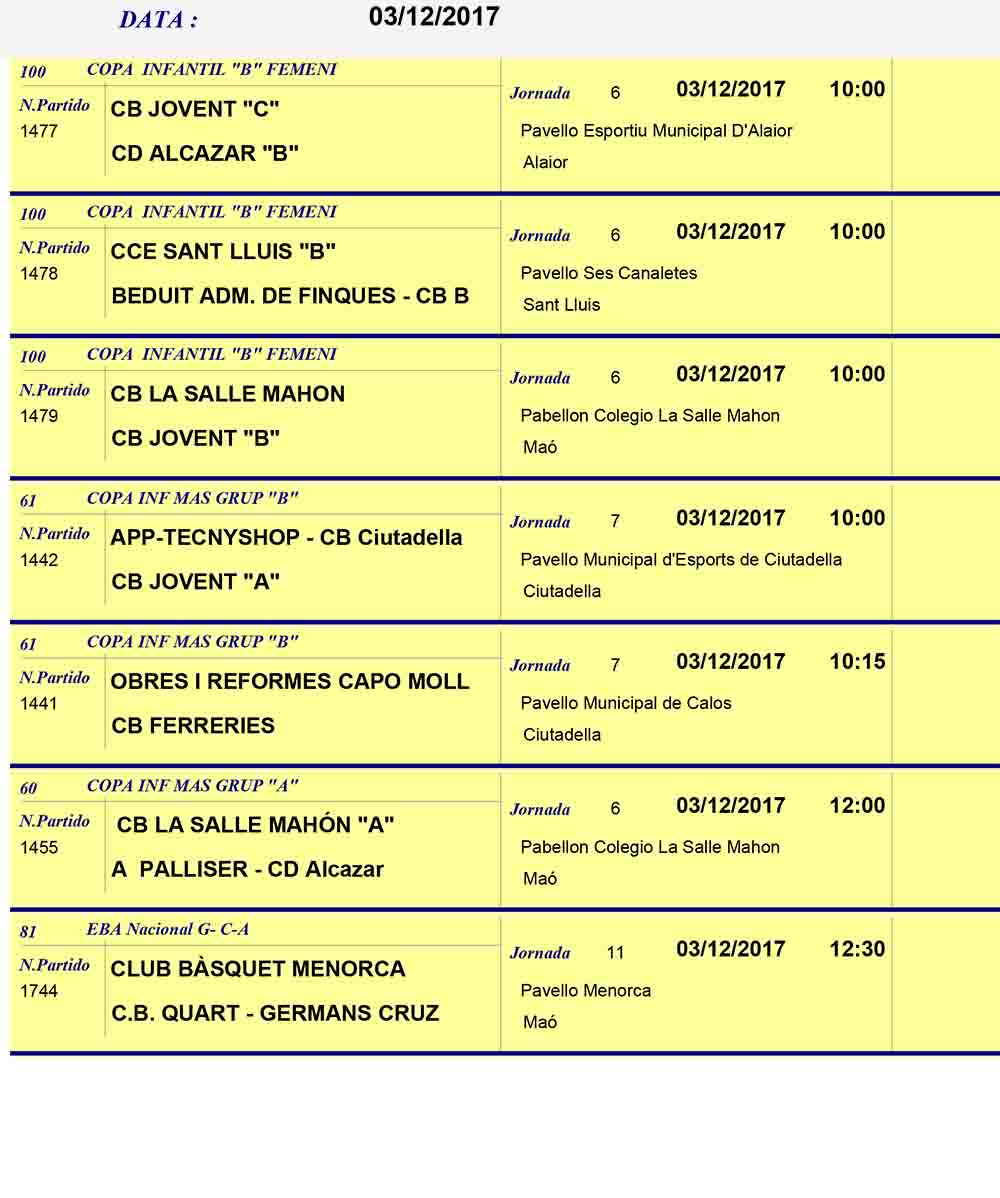 Horaris Basquet de Menorca