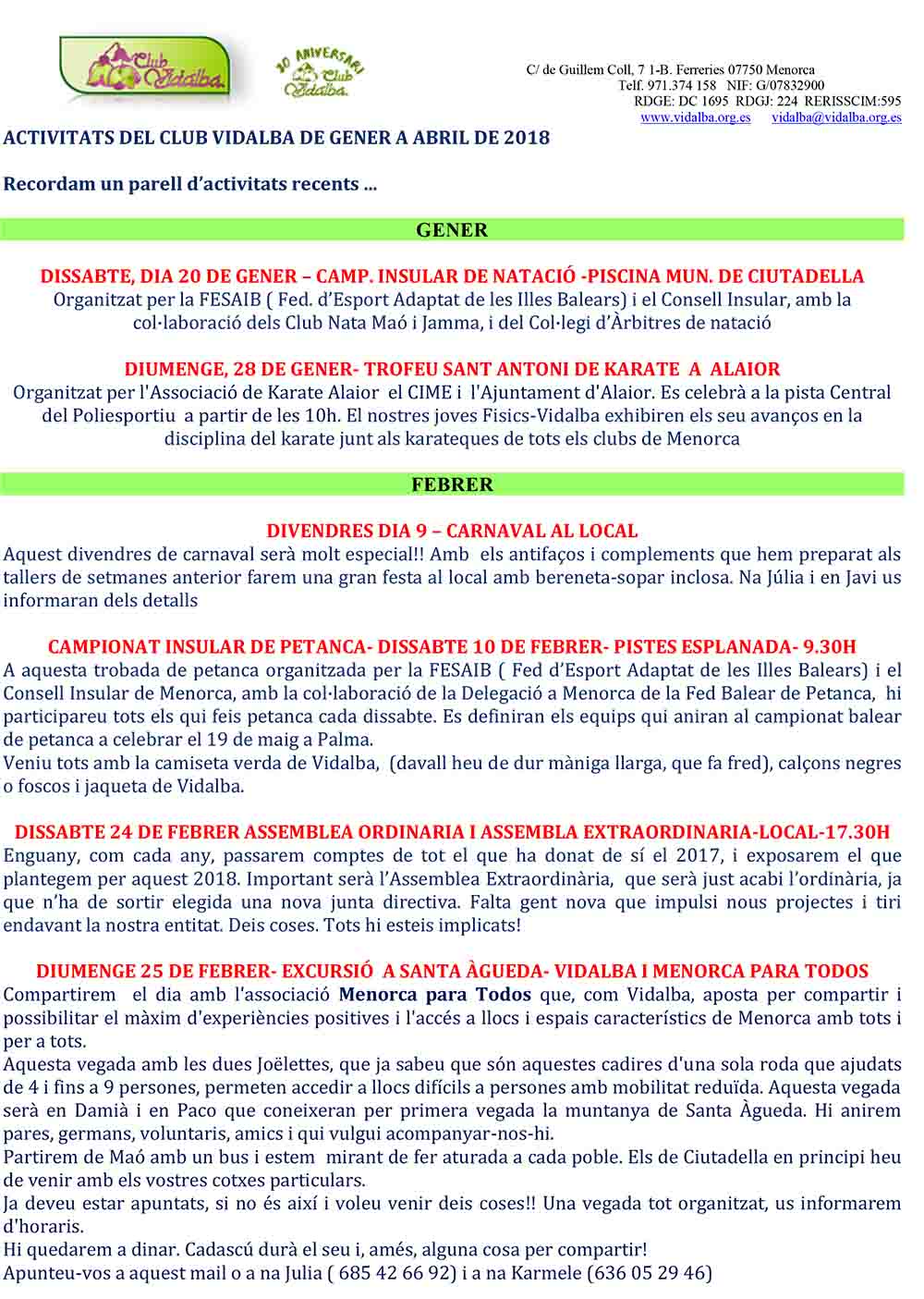 Activitats des Club Vidalba